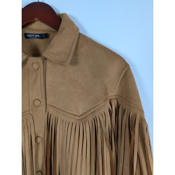 Nasty Gal Women's Camel Tan Fringe Faux Suede Jacket Western Cowgirl Size Small - Picture 4 of 16